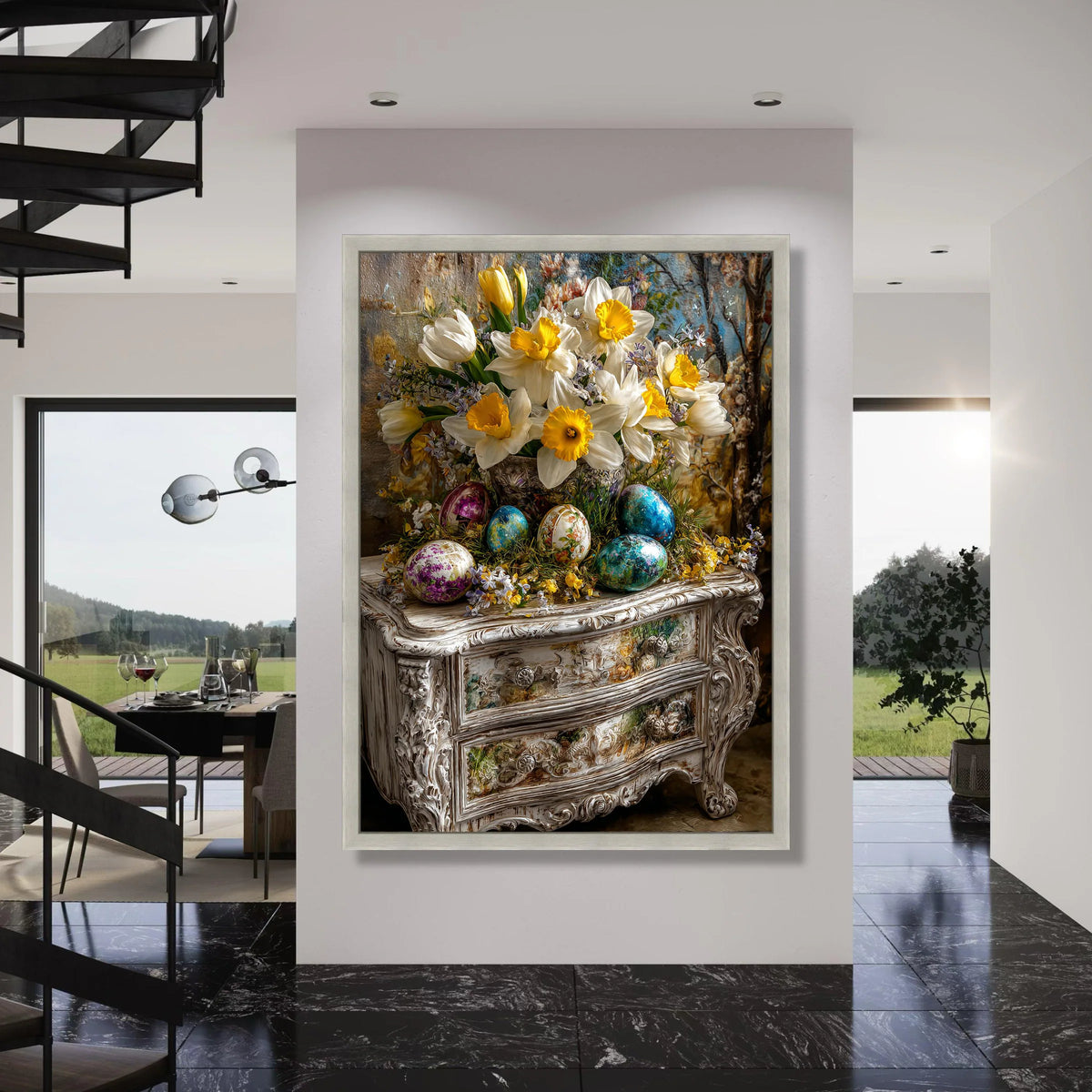 Spring Daffodils Bouquet with Painted Easter Eggs Canvas, Vintage Floral Still Life Wall Art, Seasonal Home Decoration Print Art