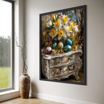 Spring Daffodils Bouquet with Painted Easter Eggs Canvas, Vintage Floral Still Life Wall Art, Seasonal Home Decoration Print Art