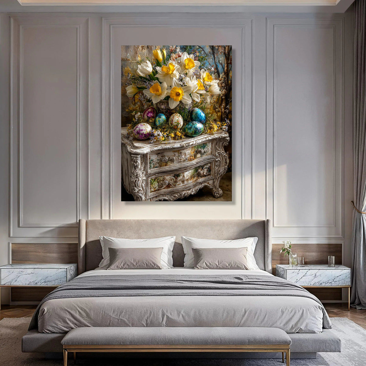 Spring Daffodils Bouquet with Painted Easter Eggs Canvas, Vintage Floral Still Life Wall Art, Seasonal Home Decoration Print Art