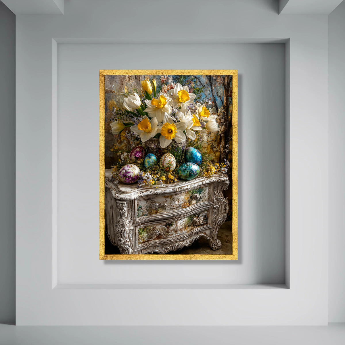 Spring Daffodils Bouquet with Painted Easter Eggs Canvas, Vintage Floral Still Life Wall Art, Seasonal Home Decoration Print Art