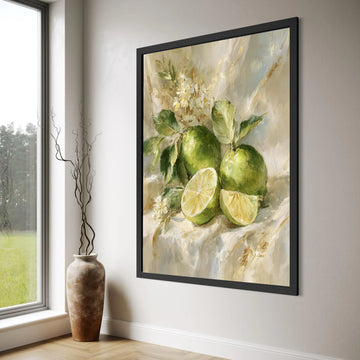 Fresh Green Lime Still Life Canvas, Citrus Fruit Painting, Botanical Wall Art, Kitchen Decor, Floral Arrangement Canvas Print Art