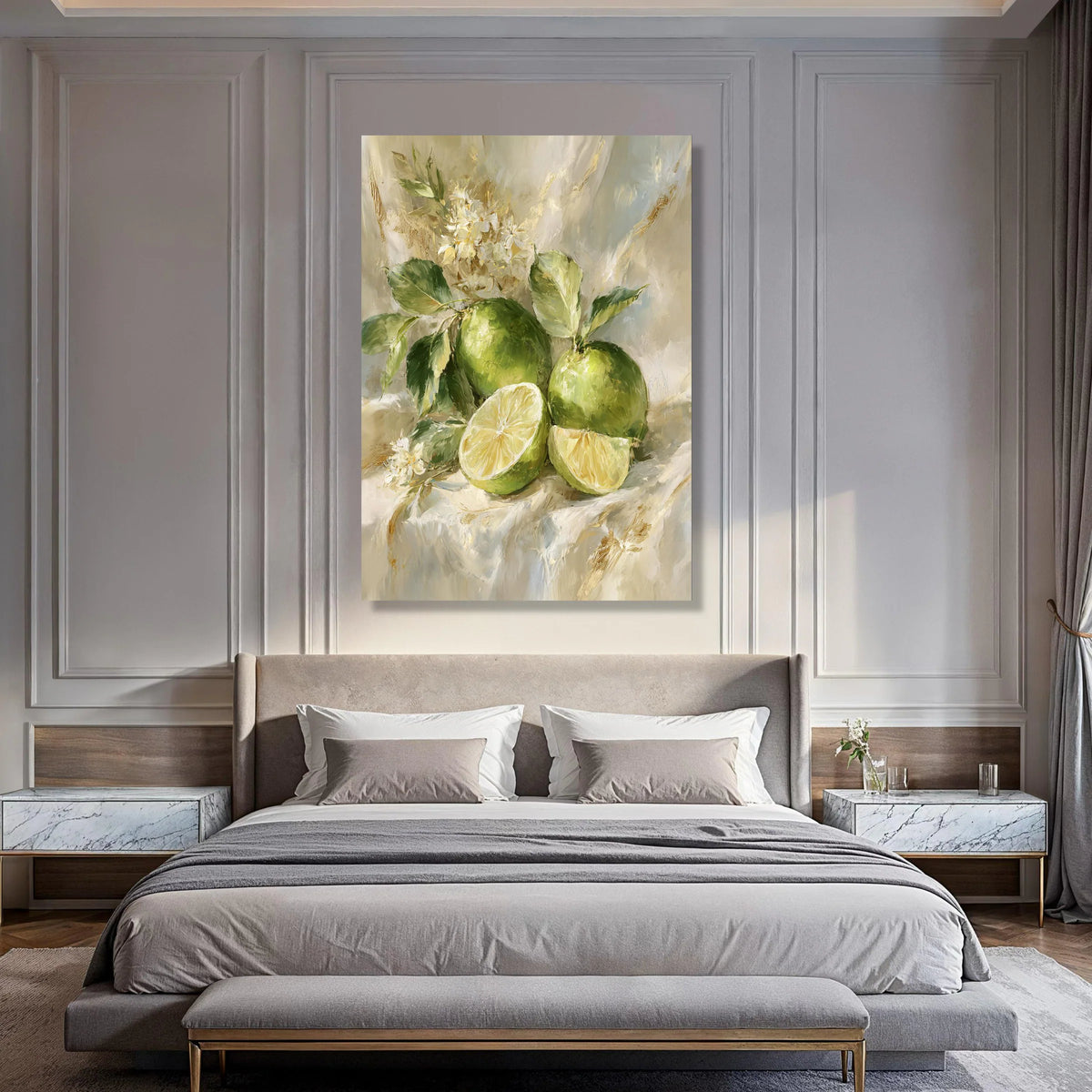 Fresh Green Lime Still Life Canvas, Citrus Fruit Painting, Botanical Wall Art, Kitchen Decor, Floral Arrangement Canvas Print Art