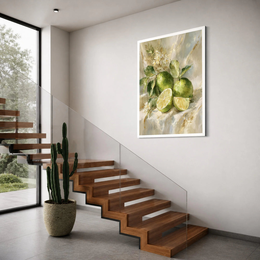 Fresh Green Lime Still Life Canvas, Citrus Fruit Painting, Botanical Wall Art, Kitchen Decor, Floral Arrangement Canvas Print Art