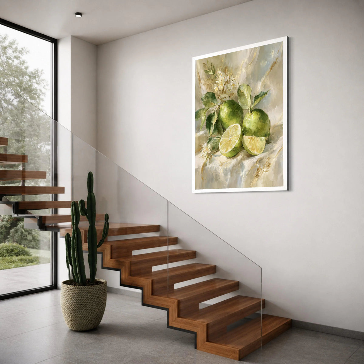 Fresh Green Lime Still Life Canvas, Citrus Fruit Painting, Botanical Wall Art, Kitchen Decor, Floral Arrangement Canvas Print Art