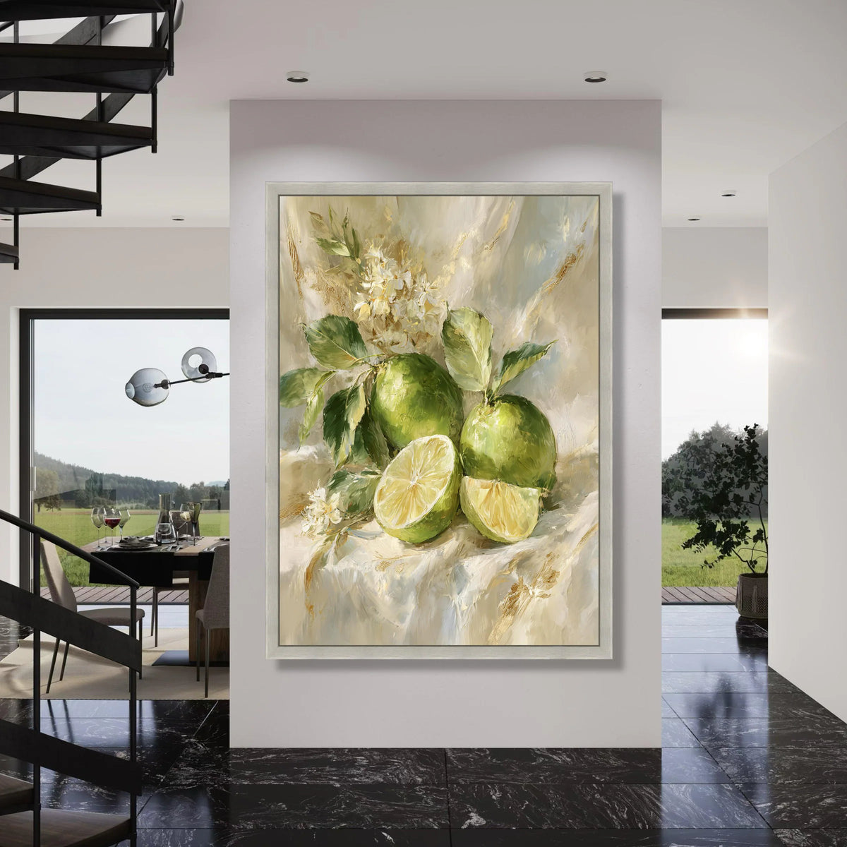 Fresh Green Lime Still Life Canvas, Citrus Fruit Painting, Botanical Wall Art, Kitchen Decor, Floral Arrangement Canvas Print Art