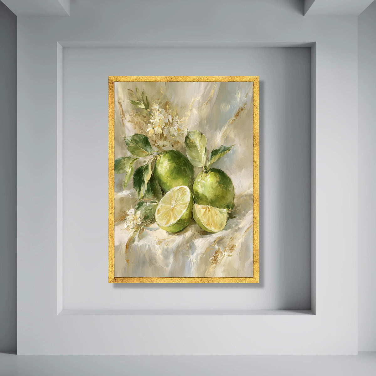 Fresh Green Lime Still Life Canvas, Citrus Fruit Painting, Botanical Wall Art, Kitchen Decor, Floral Arrangement Canvas Print Art