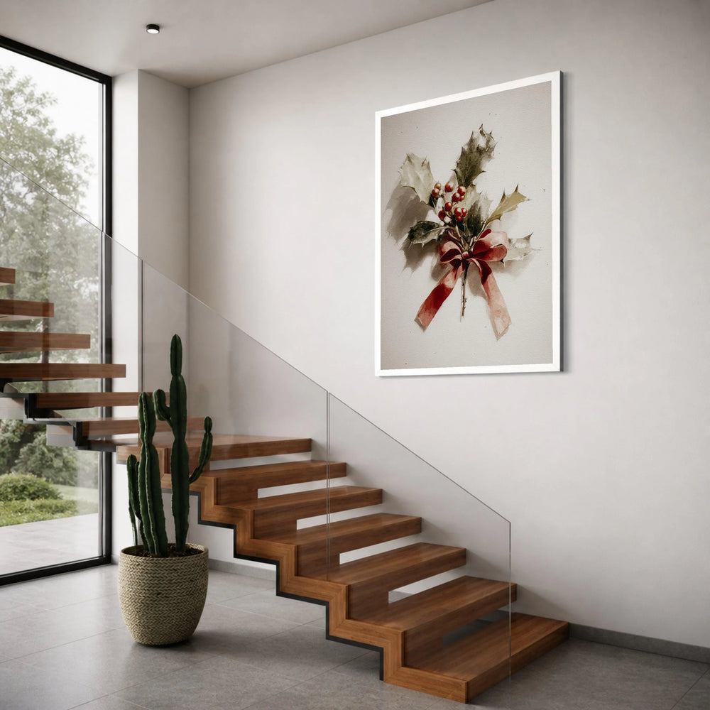 Christmas Holly Branch with Red Berries and Ribbon Canvas Wall Art, Festive Holiday Decoration, Seasonal Botanical Print for Home Print Art
