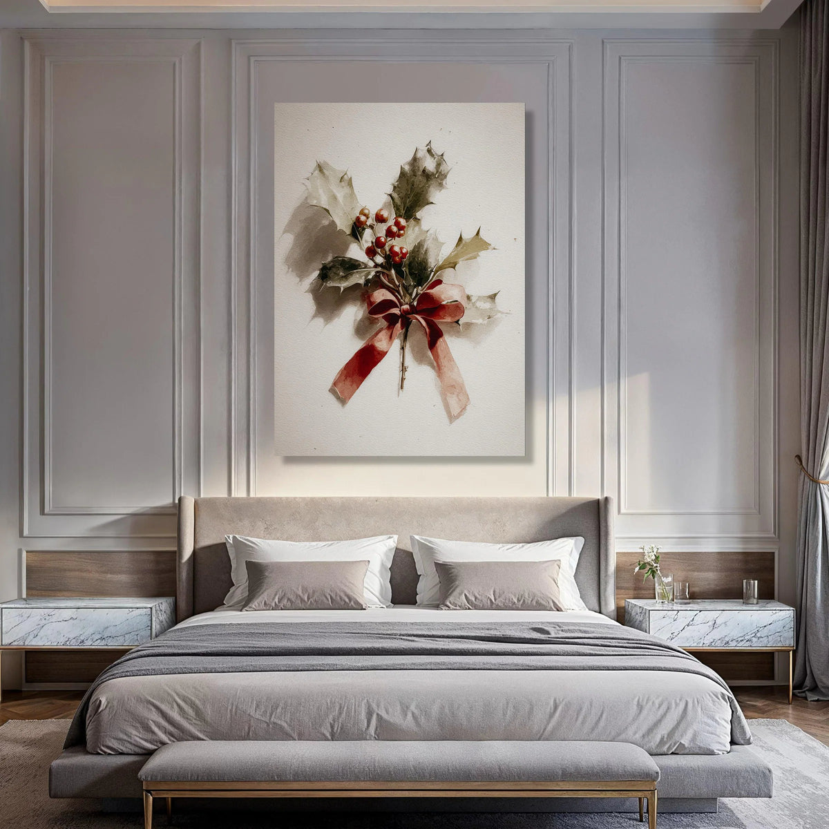 Christmas Holly Branch with Red Berries and Ribbon Canvas Wall Art, Festive Holiday Decoration, Seasonal Botanical Print for Home Print Art