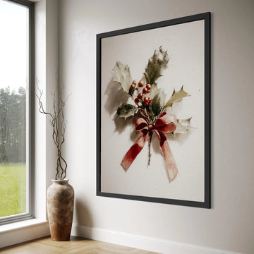 Christmas Holly Branch with Red Berries and Ribbon Canvas Wall Art, Festive Holiday Decoration, Seasonal Botanical Print for Home Print Art