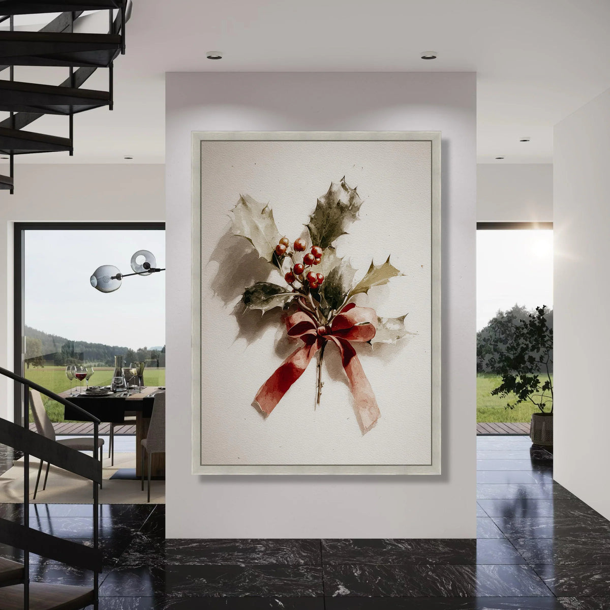 Christmas Holly Branch with Red Berries and Ribbon Canvas Wall Art, Festive Holiday Decoration, Seasonal Botanical Print for Home Print Art