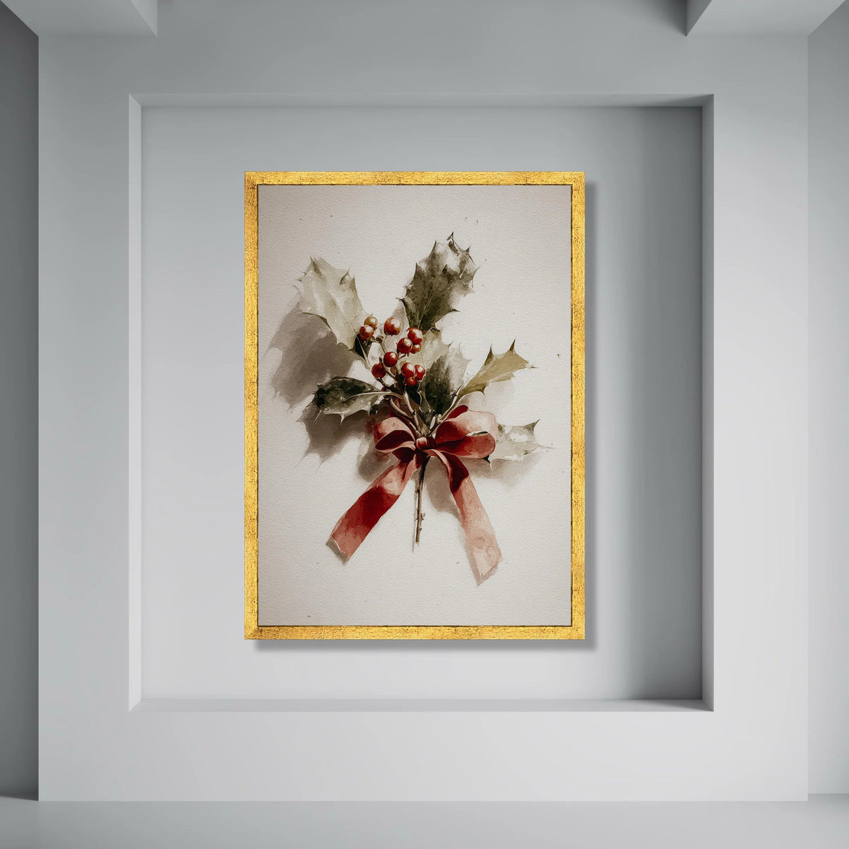 Christmas Holly Branch with Red Berries and Ribbon Canvas Wall Art, Festive Holiday Decoration, Seasonal Botanical Print for Home Print Art