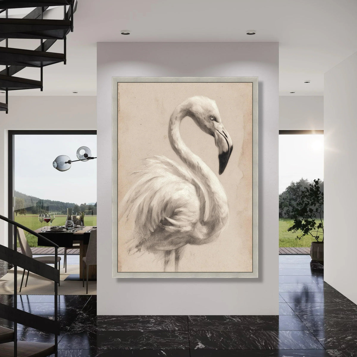 Elegant Flamingo Sketch Canvas, Vintage Bird Illustration, Neutral Toned Wall Art, Animal Drawing Print, Home Decor Canvas Print Art
