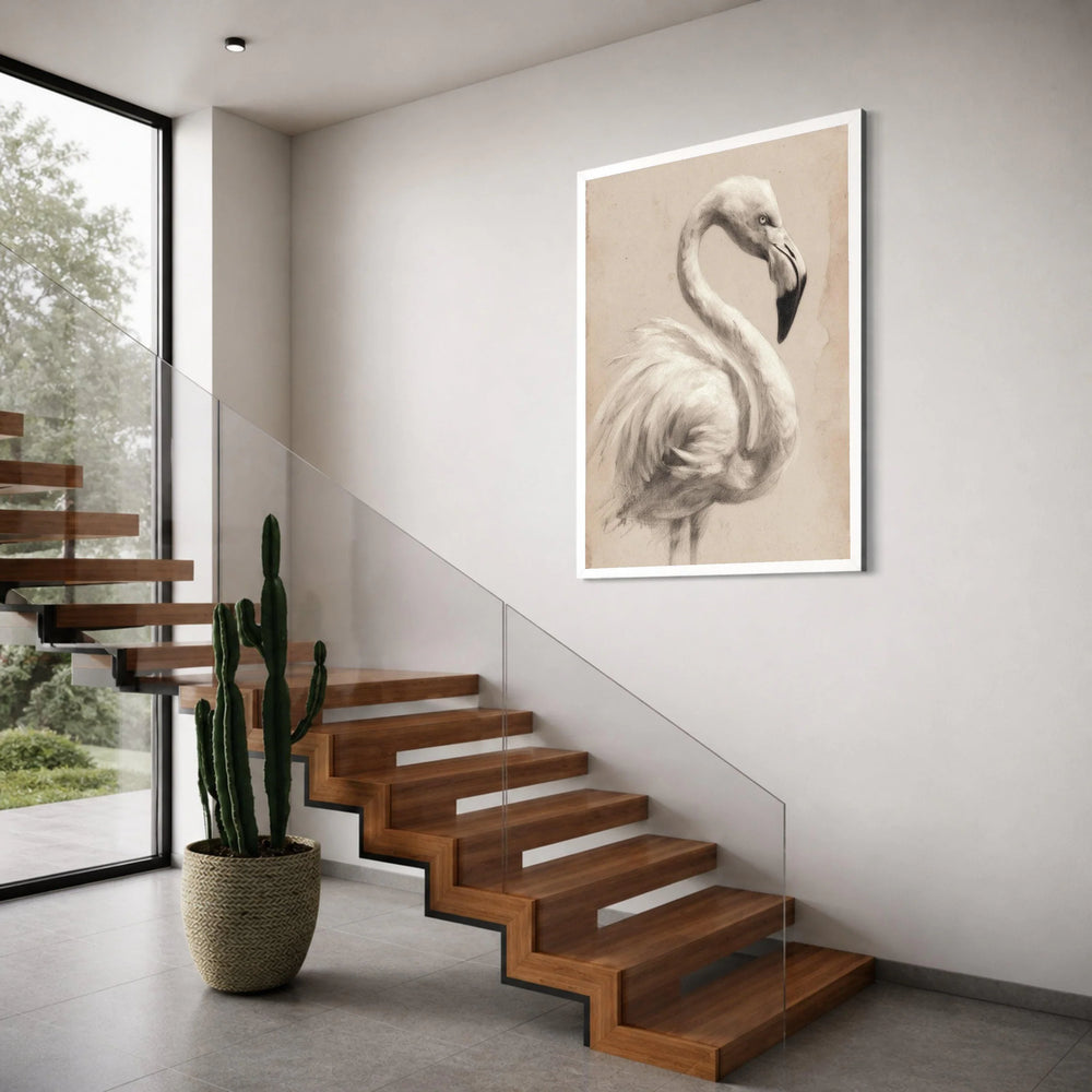 Elegant Flamingo Sketch Canvas, Vintage Bird Illustration, Neutral Toned Wall Art, Animal Drawing Print, Home Decor Canvas Print Art