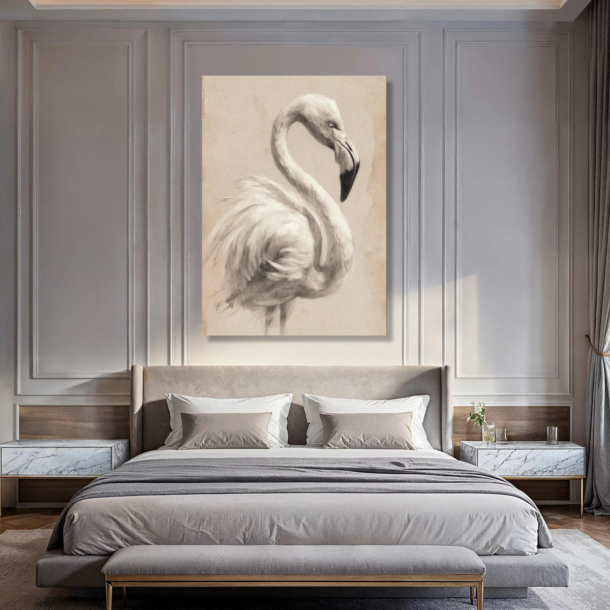 Elegant Flamingo Sketch Canvas, Vintage Bird Illustration, Neutral Toned Wall Art, Animal Drawing Print, Home Decor Canvas Print Art
