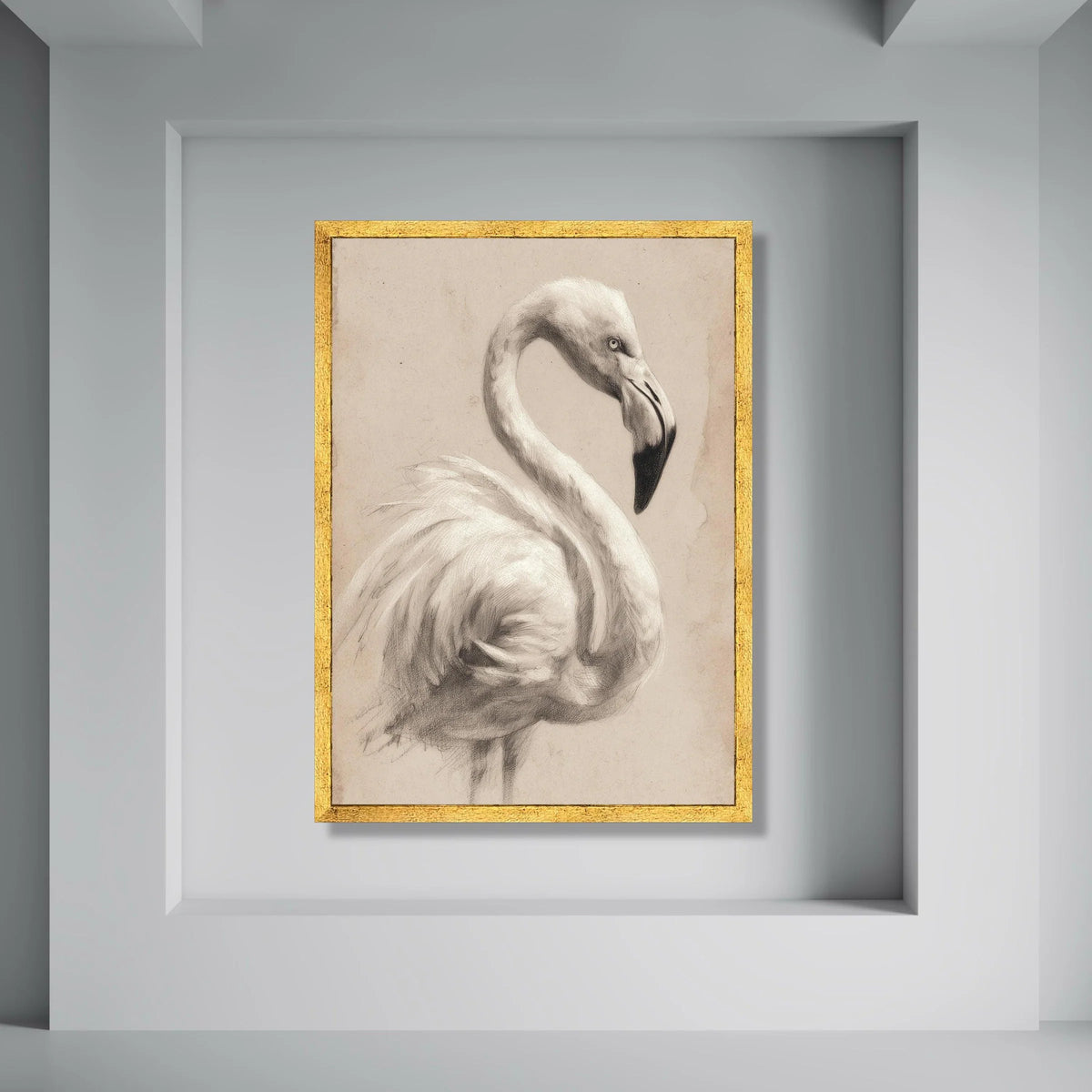 Elegant Flamingo Sketch Canvas, Vintage Bird Illustration, Neutral Toned Wall Art, Animal Drawing Print, Home Decor Canvas Print Art