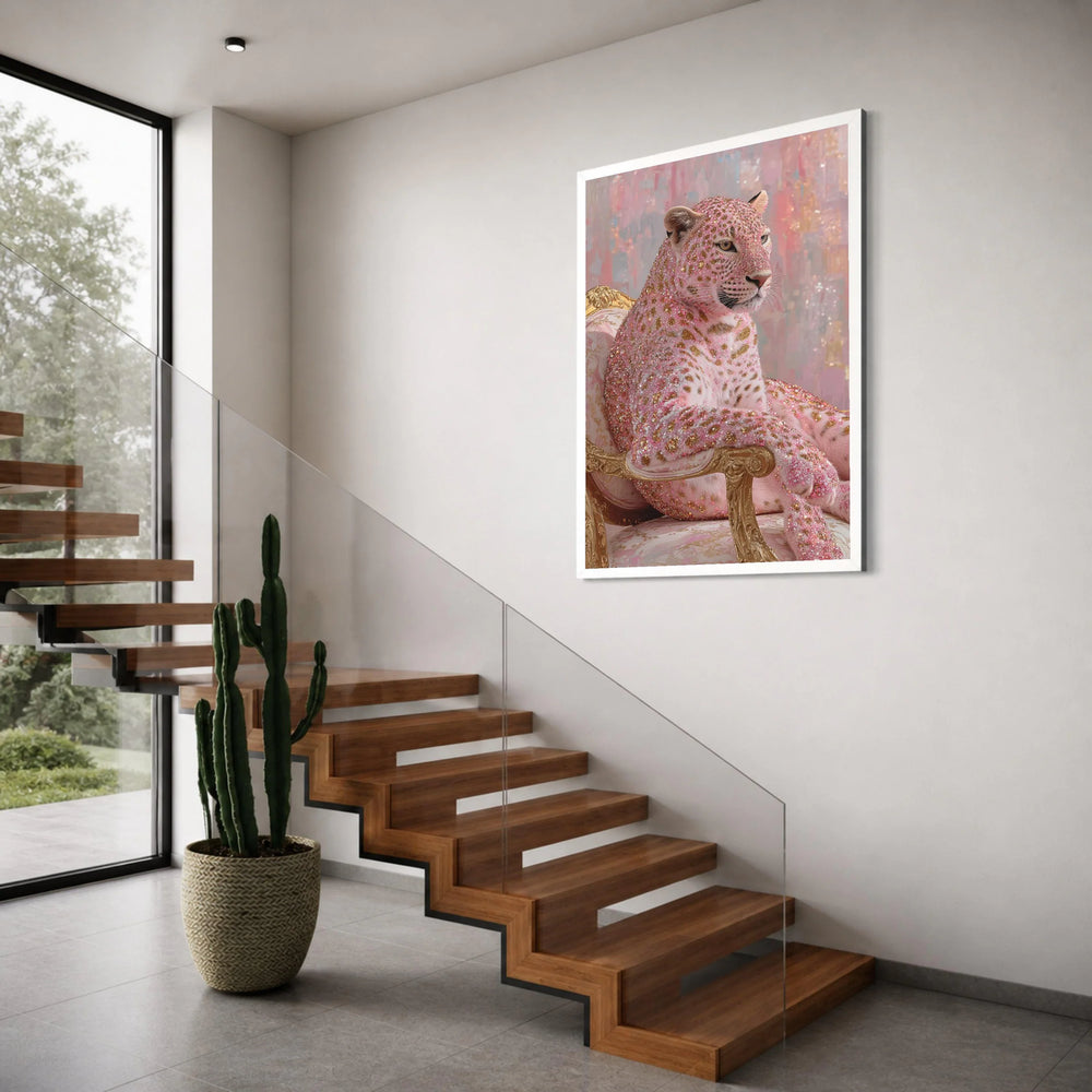 Regal Leopard Seated on Vintage Chair Canvas, Glitter Accent Animal Wall Art, Pink and Gold Home Decor, Modern Decorative Canvas Print Art