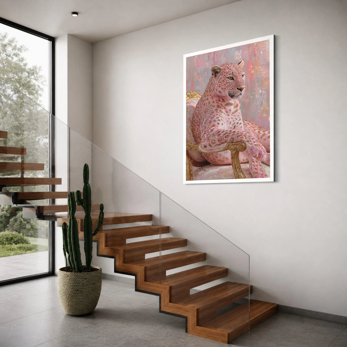 Regal Leopard Seated on Vintage Chair Canvas, Glitter Accent Animal Wall Art, Pink and Gold Home Decor, Modern Decorative Canvas Print Art