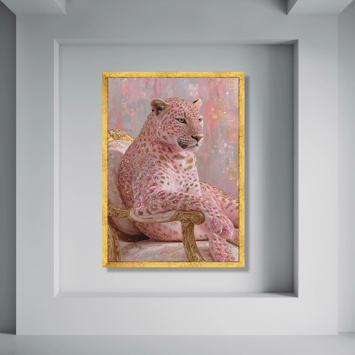 Regal Leopard Seated on Vintage Chair Canvas, Glitter Accent Animal Wall Art, Pink and Gold Home Decor, Modern Decorative Canvas Print Art