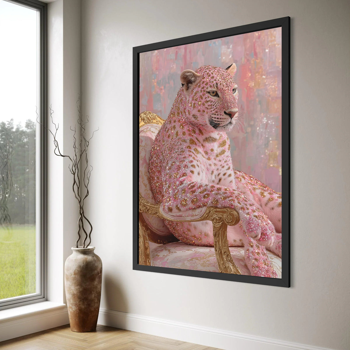 Regal Leopard Seated on Vintage Chair Canvas, Glitter Accent Animal Wall Art, Pink and Gold Home Decor, Modern Decorative Canvas Print Art