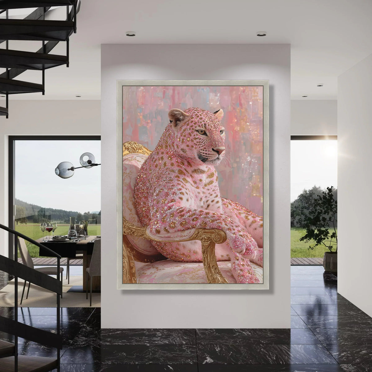 Regal Leopard Seated on Vintage Chair Canvas, Glitter Accent Animal Wall Art, Pink and Gold Home Decor, Modern Decorative Canvas Print Art