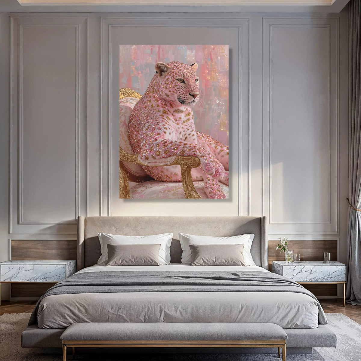 Regal Leopard Seated on Vintage Chair Canvas, Glitter Accent Animal Wall Art, Pink and Gold Home Decor, Modern Decorative Canvas Print Art