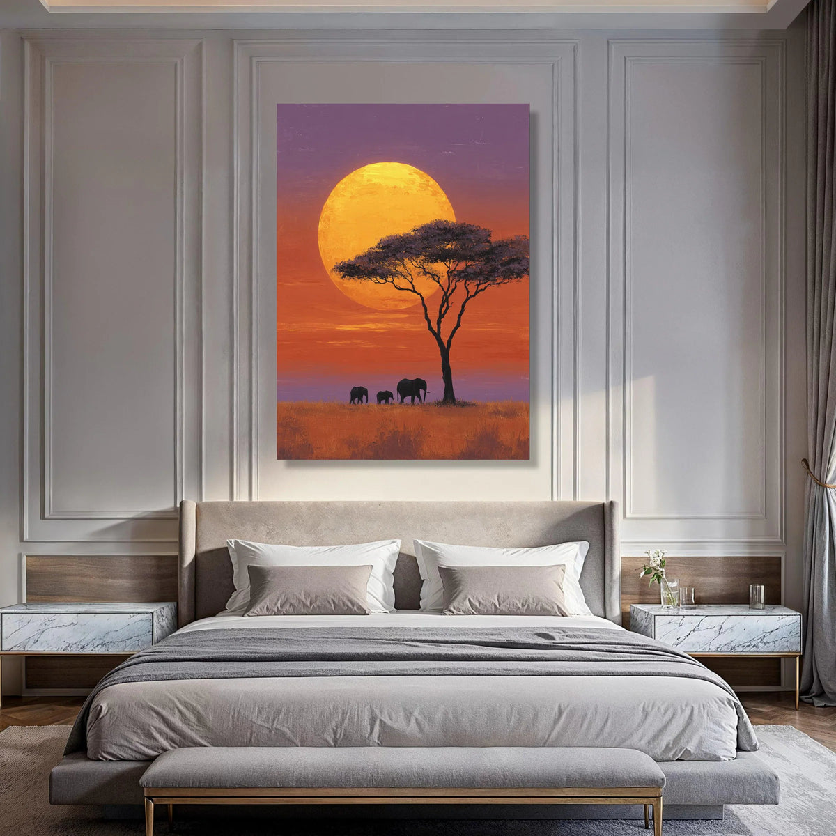 African Sunset Canvas, Elephant Silhouette Wall Art, Acacia Tree Landscape, Wildlife Nature Canvas, Safari Home Decoration Print Art