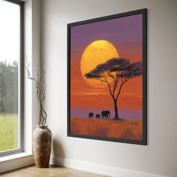 African Sunset Canvas, Elephant Silhouette Wall Art, Acacia Tree Landscape, Wildlife Nature Canvas, Safari Home Decoration Print Art