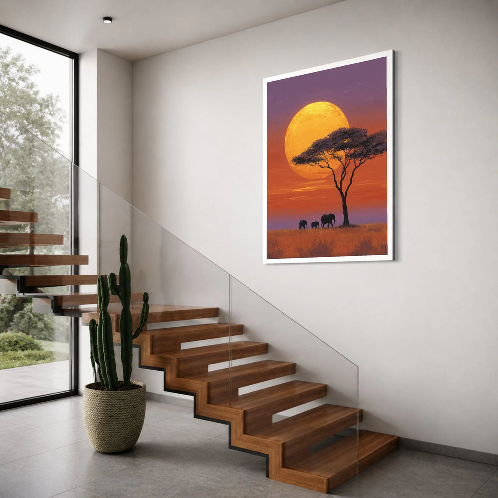 African Sunset Canvas, Elephant Silhouette Wall Art, Acacia Tree Landscape, Wildlife Nature Canvas, Safari Home Decoration Print Art