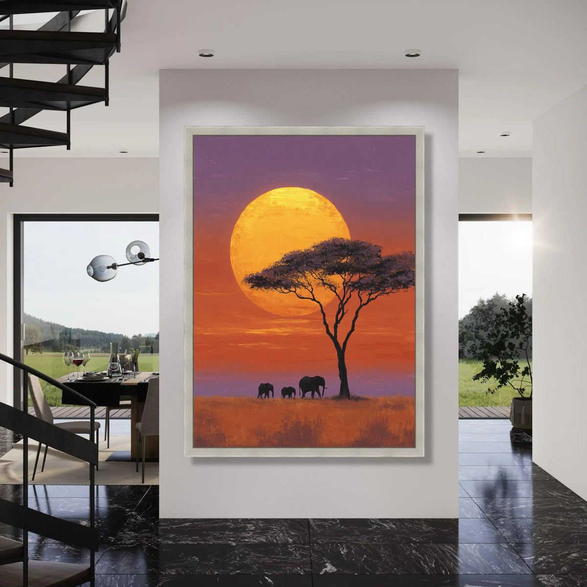African Sunset Canvas, Elephant Silhouette Wall Art, Acacia Tree Landscape, Wildlife Nature Canvas, Safari Home Decoration Print Art