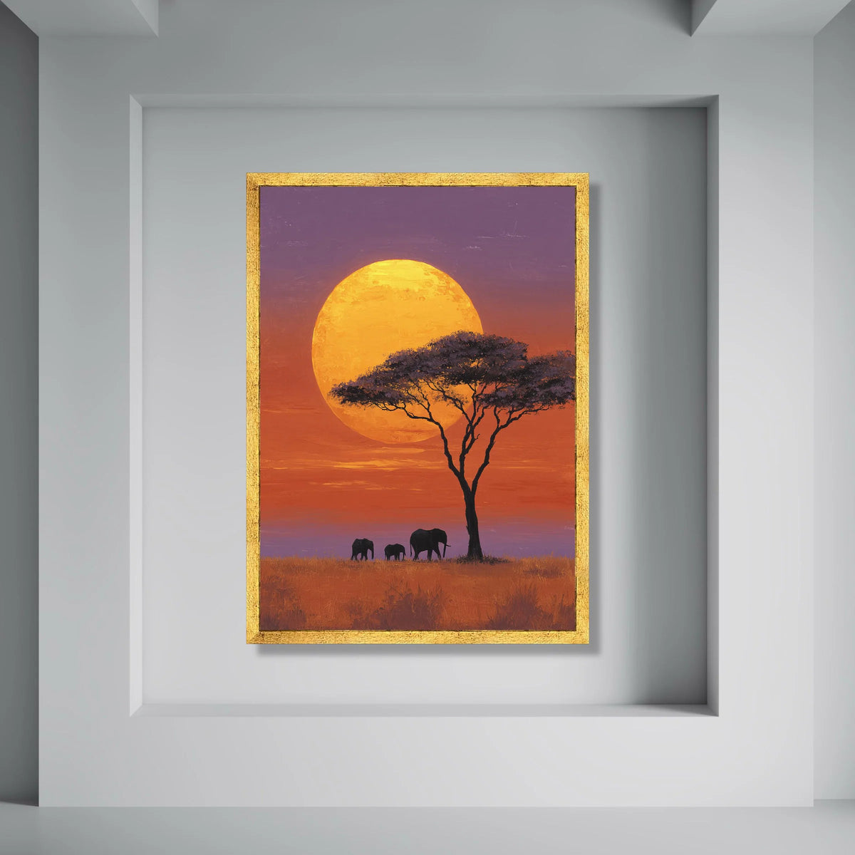 African Sunset Canvas, Elephant Silhouette Wall Art, Acacia Tree Landscape, Wildlife Nature Canvas, Safari Home Decoration Print Art