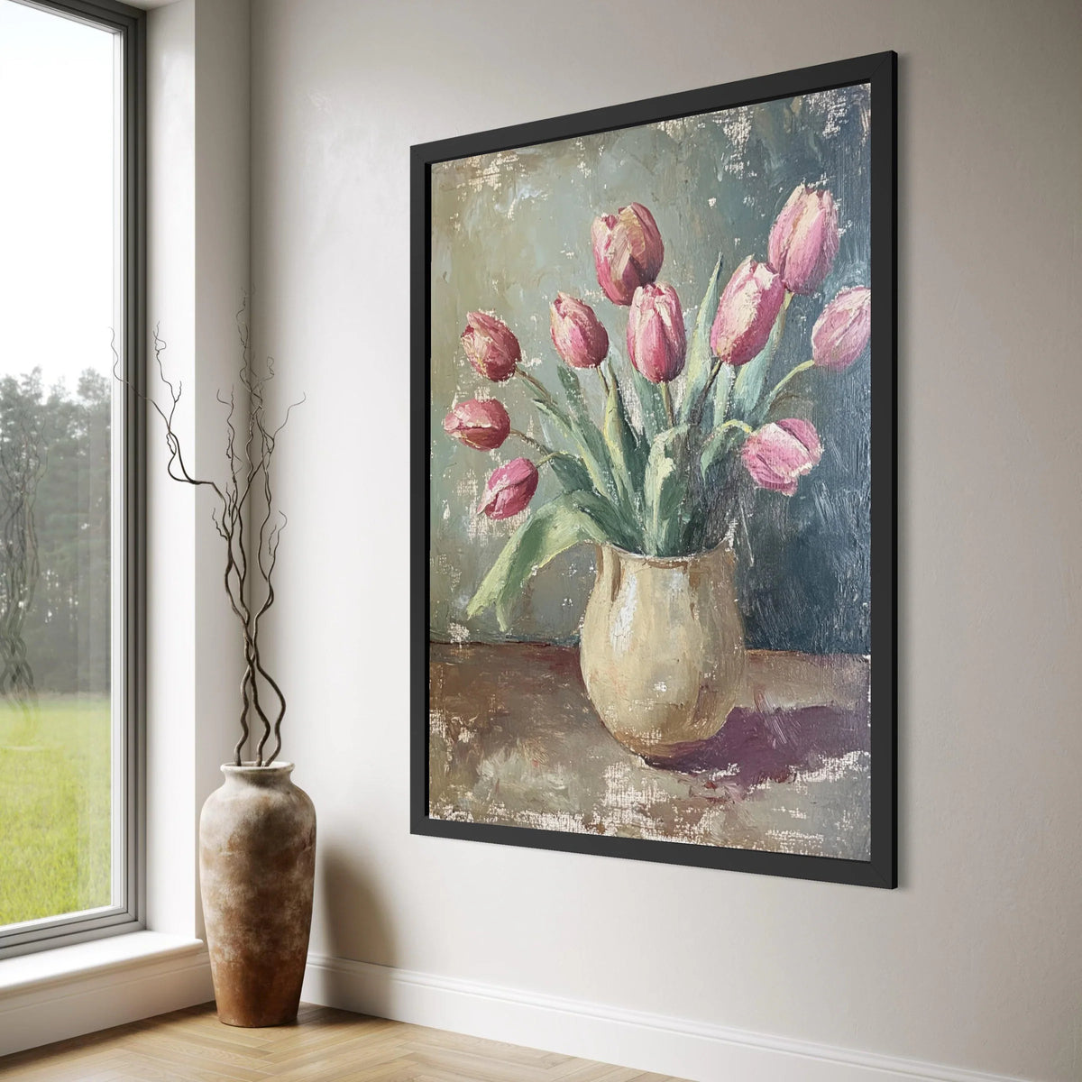 Pink Tulip Bouquet Vase Canvas, Vintage Floral Still Life, Elegant Home Wall Art, Spring Flowers Painting, Ready to Hang Print Art