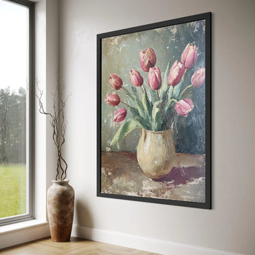 Pink Tulip Bouquet Vase Canvas, Vintage Floral Still Life, Elegant Home Wall Art, Spring Flowers Painting, Ready to Hang Print Art