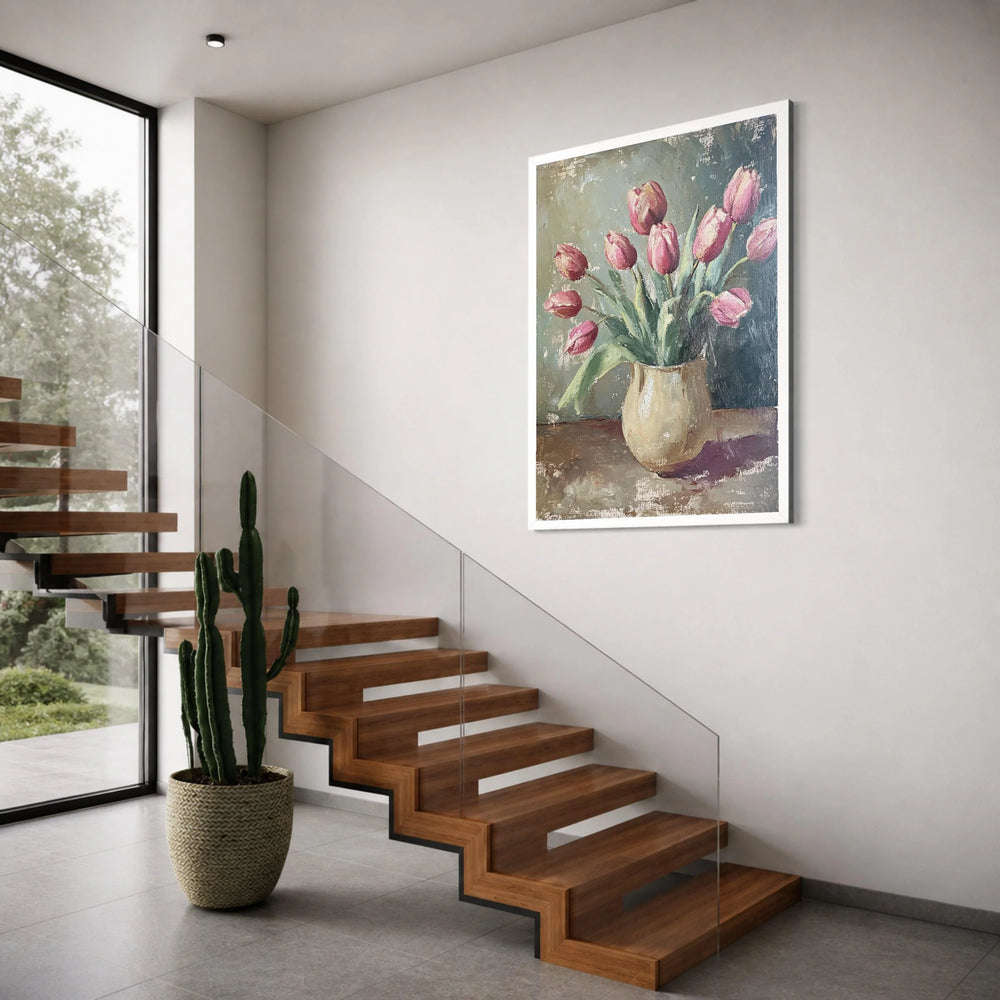 Pink Tulip Bouquet Vase Canvas, Vintage Floral Still Life, Elegant Home Wall Art, Spring Flowers Painting, Ready to Hang Print Art