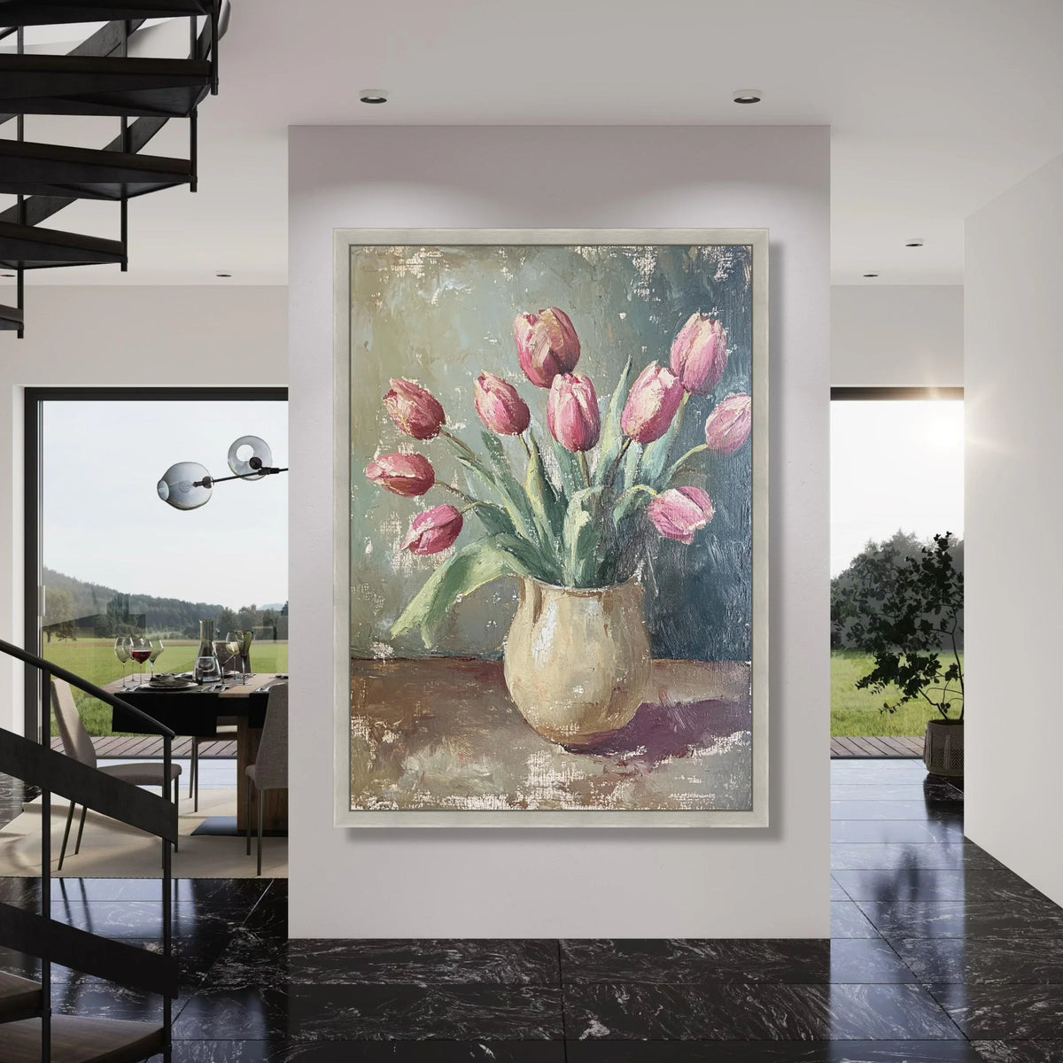 Pink Tulip Bouquet Vase Canvas, Vintage Floral Still Life, Elegant Home Wall Art, Spring Flowers Painting, Ready to Hang Print Art