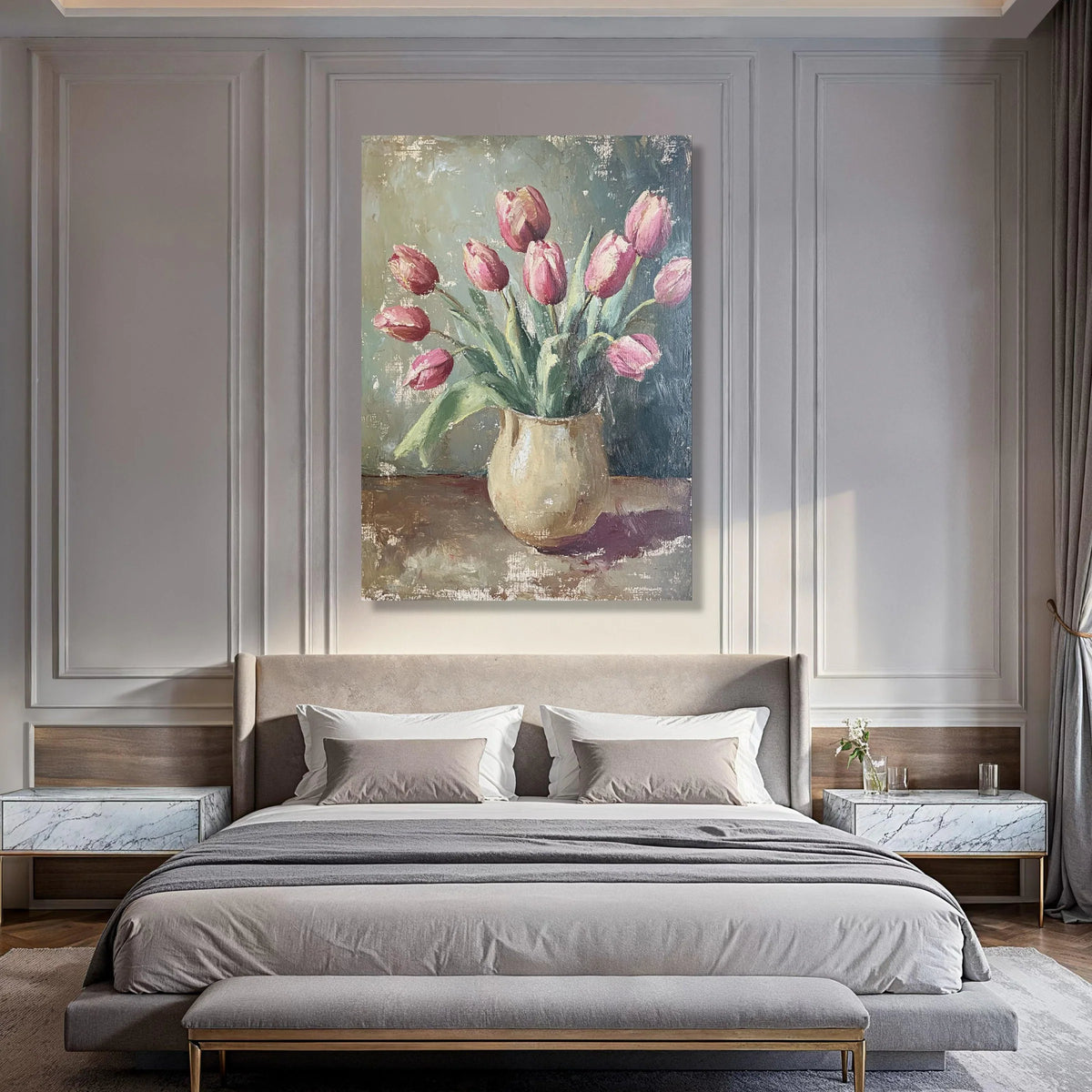 Pink Tulip Bouquet Vase Canvas, Vintage Floral Still Life, Elegant Home Wall Art, Spring Flowers Painting, Ready to Hang Print Art