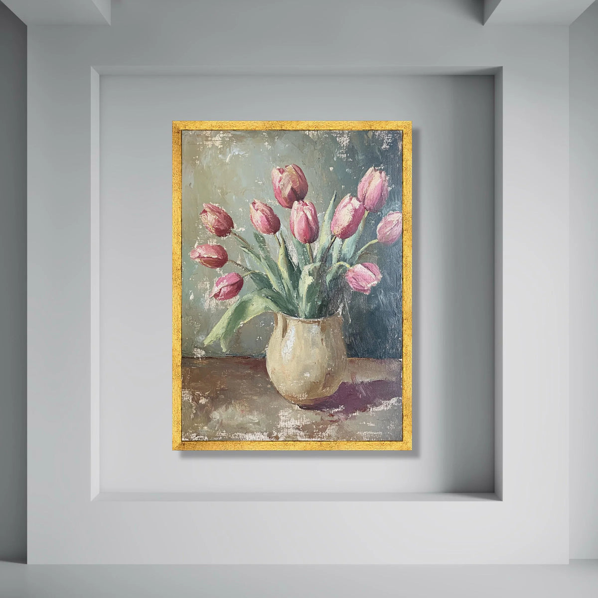 Pink Tulip Bouquet Vase Canvas, Vintage Floral Still Life, Elegant Home Wall Art, Spring Flowers Painting, Ready to Hang Print Art