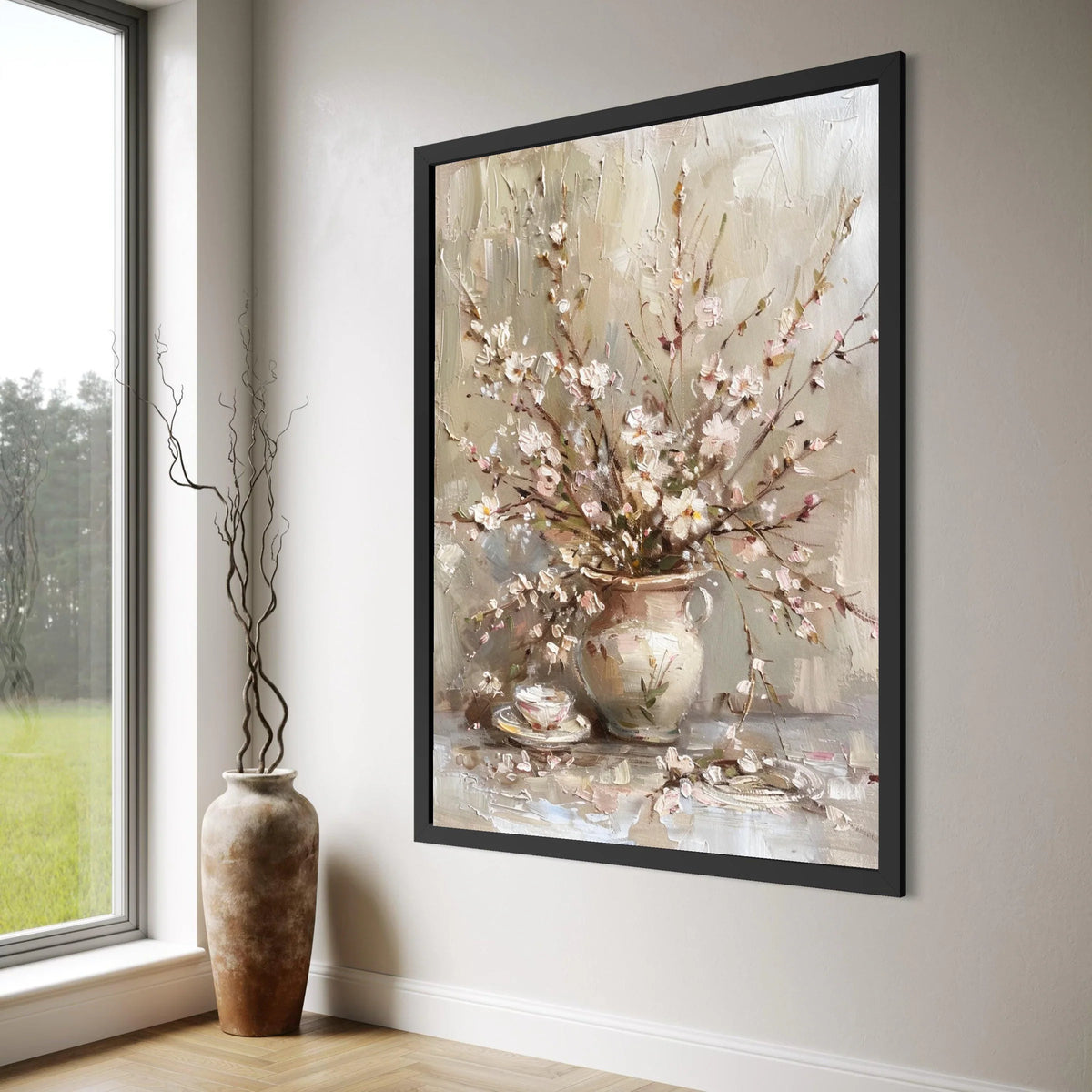 Elegant Cherry Blossom Bouquet Canvas, Rustic Floral Wall Art, Spring Flower Arrangement, Neutral Color Home Decoration, Ready to Print Art