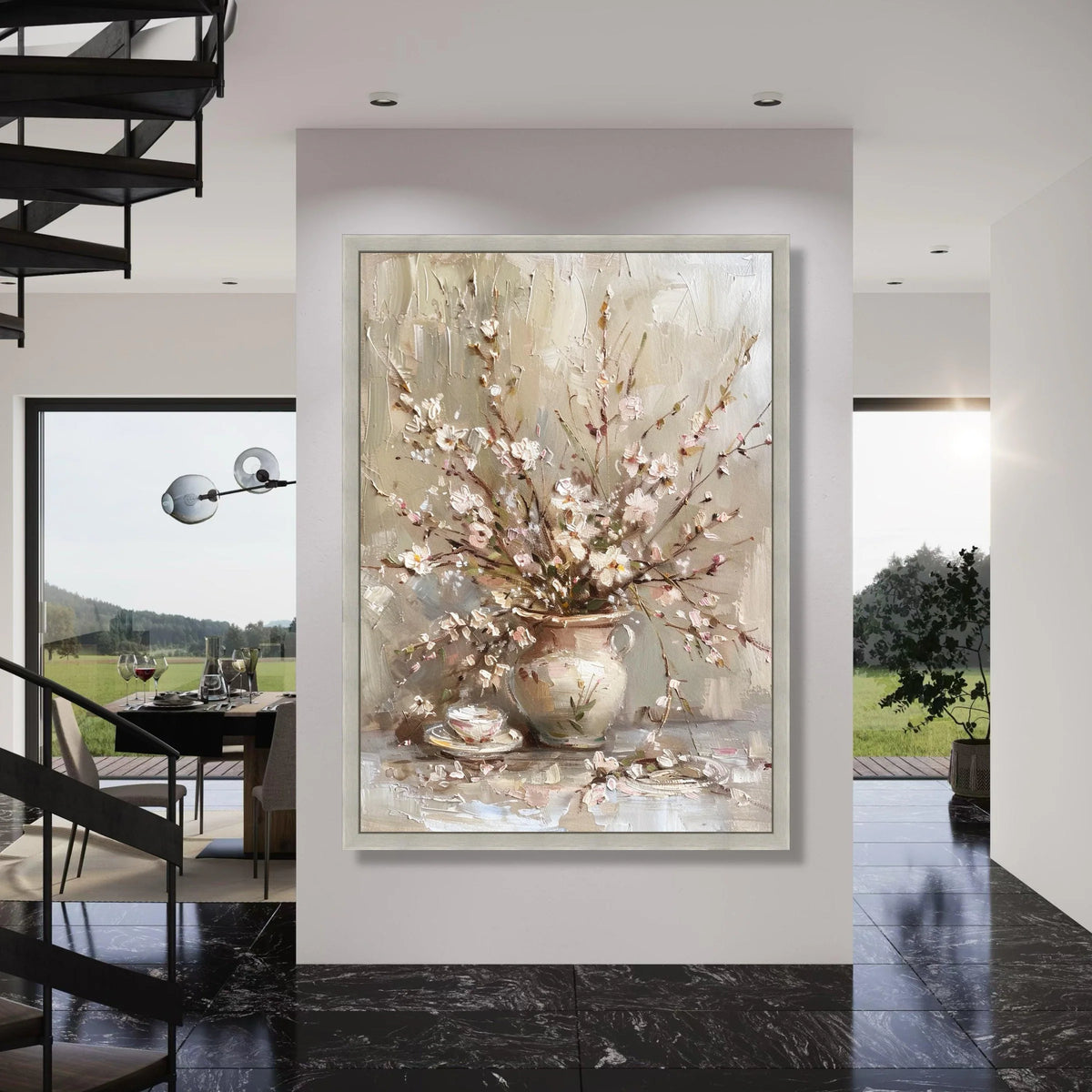 Elegant Cherry Blossom Bouquet Canvas, Rustic Floral Wall Art, Spring Flower Arrangement, Neutral Color Home Decoration, Ready to Print Art