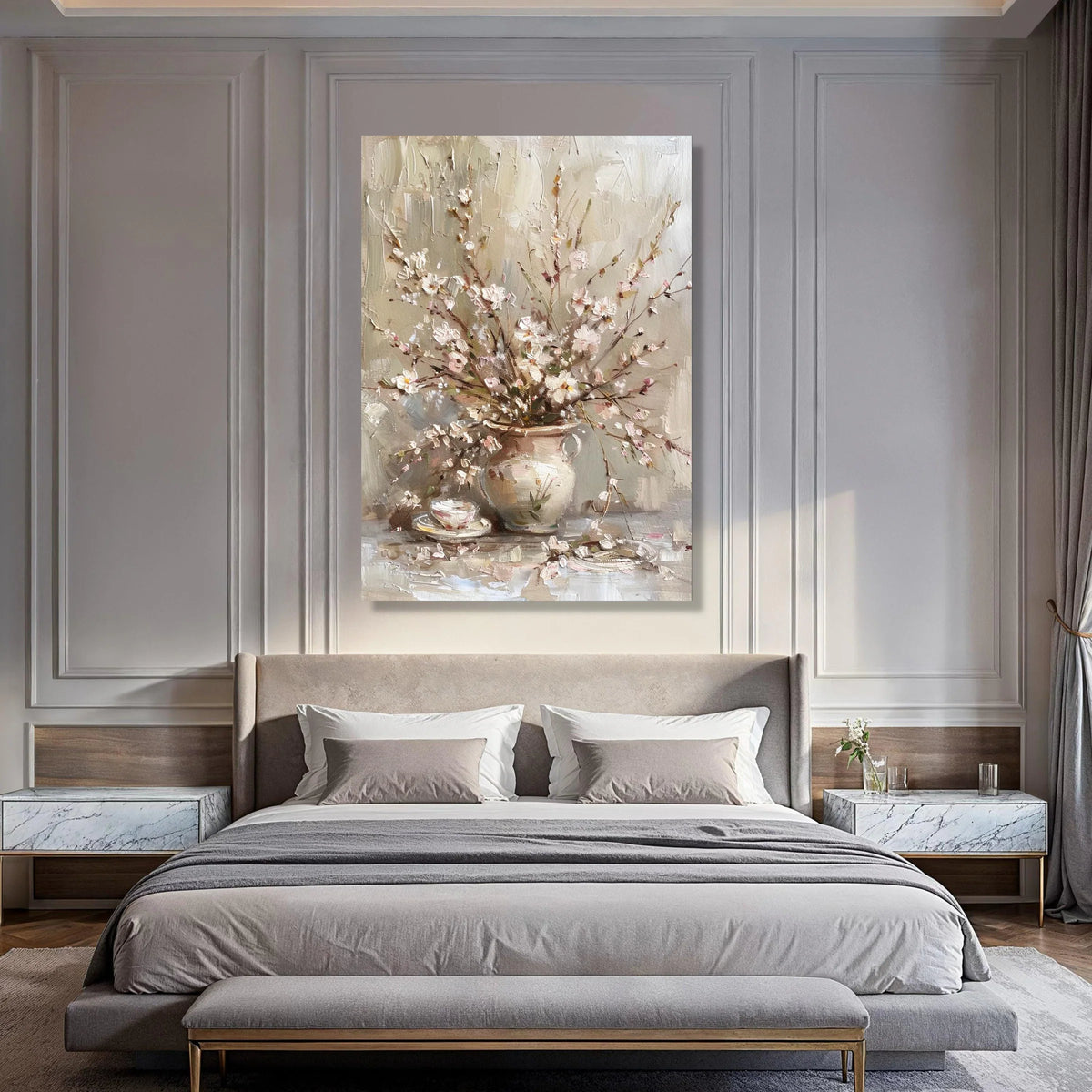 Elegant Cherry Blossom Bouquet Canvas, Rustic Floral Wall Art, Spring Flower Arrangement, Neutral Color Home Decoration, Ready to Print Art