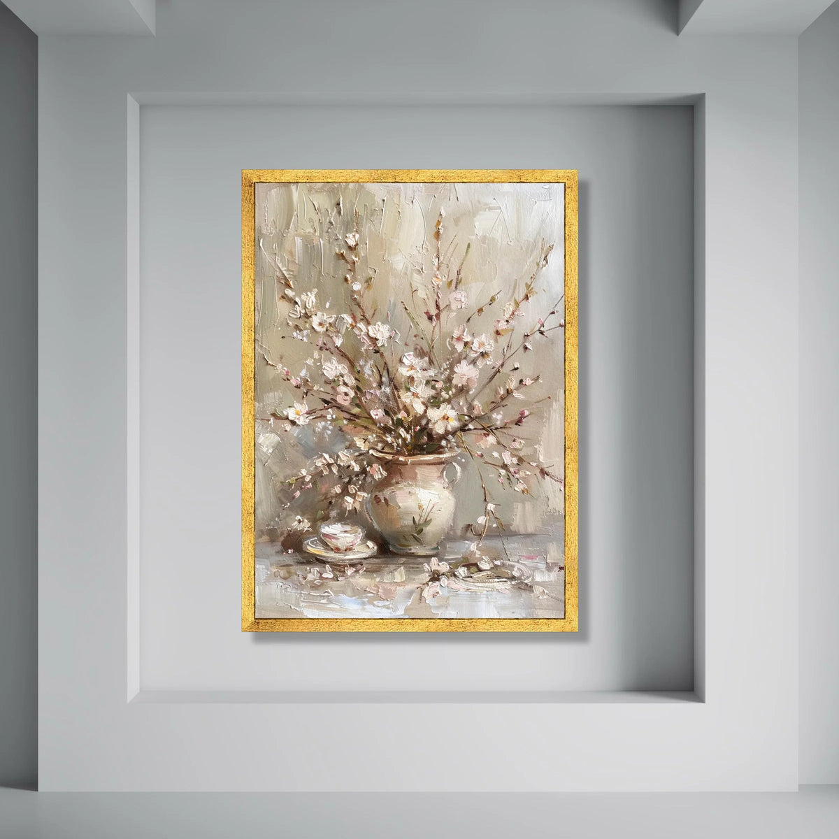 Elegant Cherry Blossom Bouquet Canvas, Rustic Floral Wall Art, Spring Flower Arrangement, Neutral Color Home Decoration, Ready to Print Art