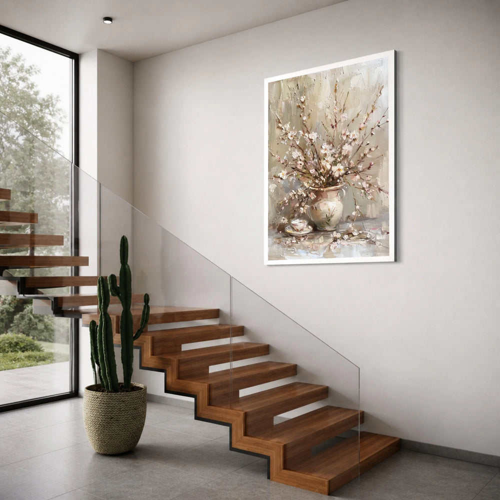 Elegant Cherry Blossom Bouquet Canvas, Rustic Floral Wall Art, Spring Flower Arrangement, Neutral Color Home Decoration, Ready to Print Art