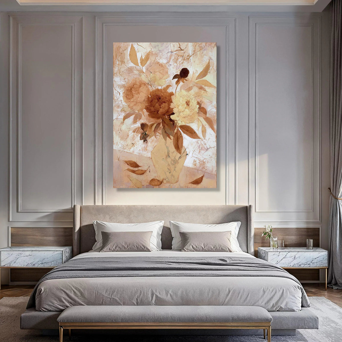 Vintage Floral Arrangement Canvas, Neutral Color Bouquet, Classic Peony Flowers Wall Art, Rustic Home Decor, Ready to Hang Canvas Print Art