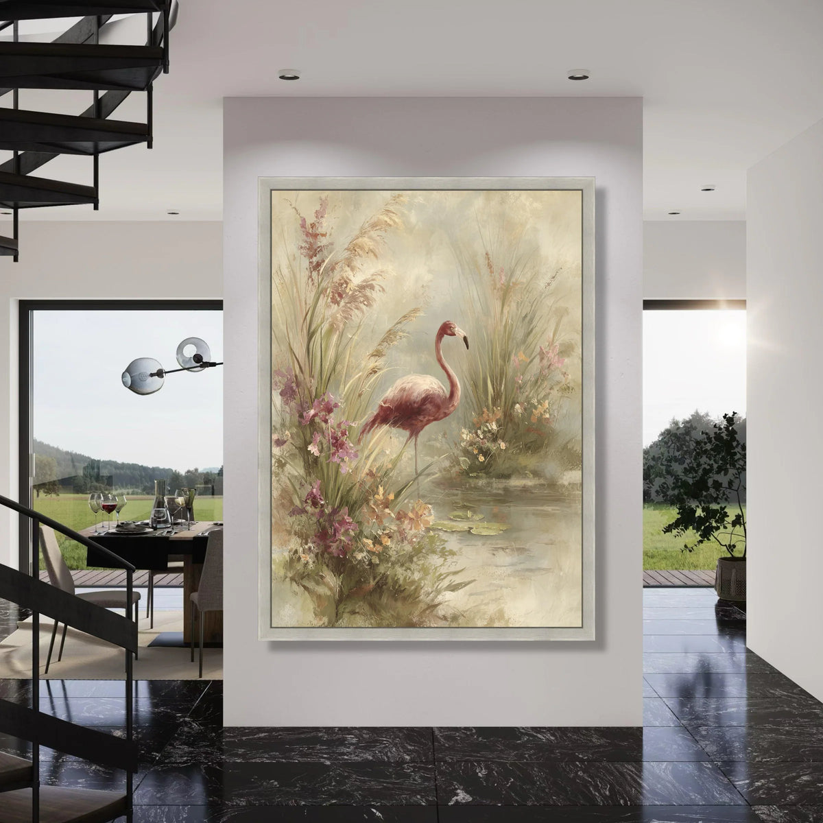 Elegant Flamingo Floral Wetlands Canvas, Nature Bird Wall Art, Serene Water Lily Scene, Botanical Home Decoration, Ready to Hang Print Art