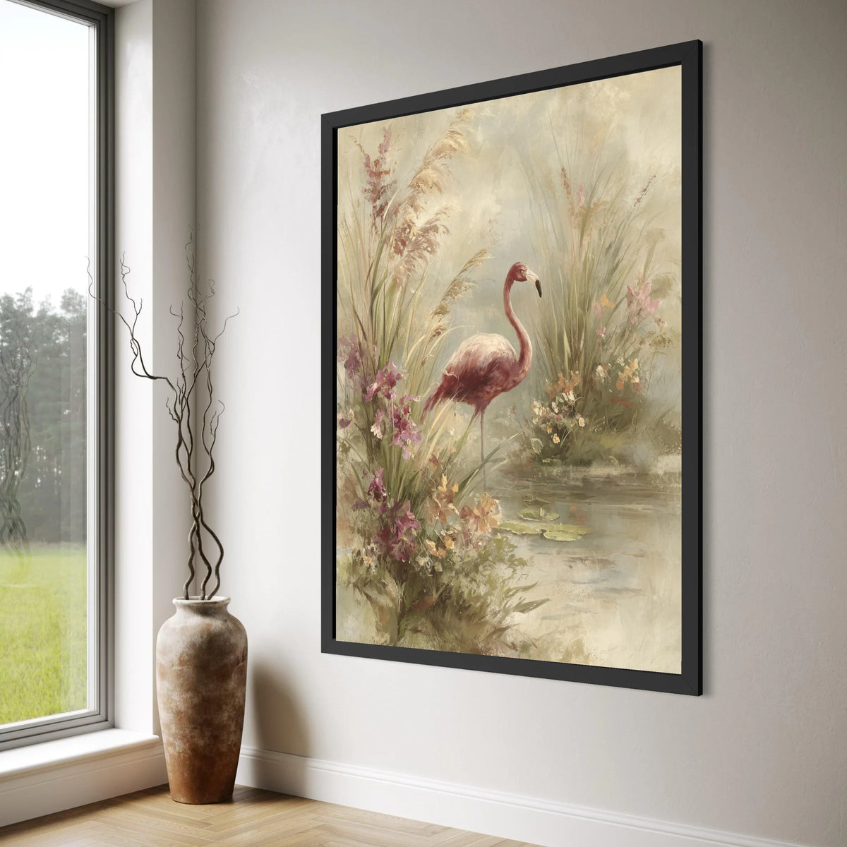 Elegant Flamingo Floral Wetlands Canvas, Nature Bird Wall Art, Serene Water Lily Scene, Botanical Home Decoration, Ready to Hang Print Art