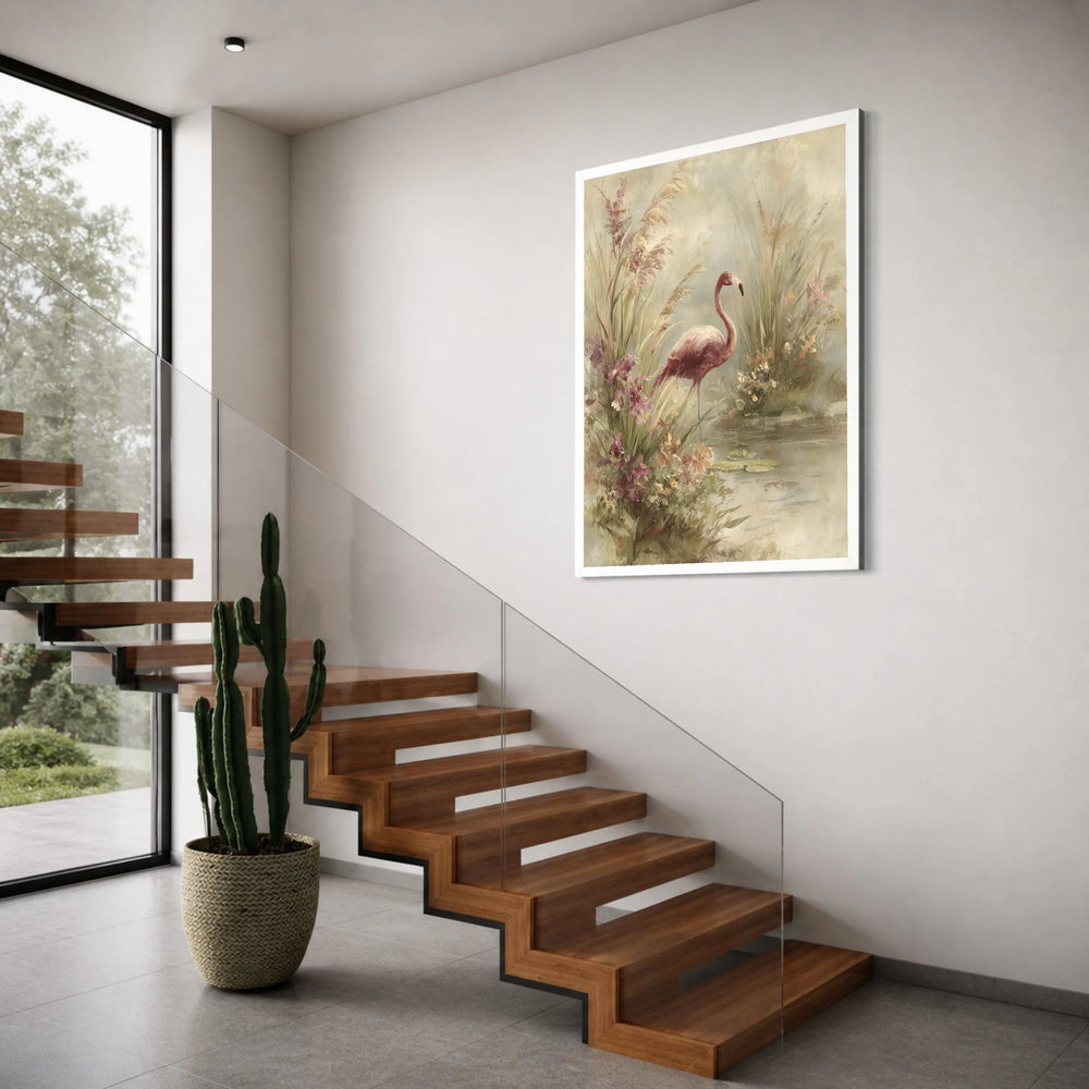 Elegant Flamingo Floral Wetlands Canvas, Nature Bird Wall Art, Serene Water Lily Scene, Botanical Home Decoration, Ready to Hang Print Art