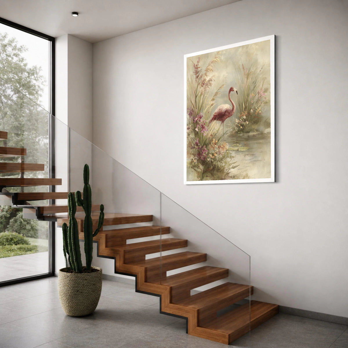 Elegant Flamingo Floral Wetlands Canvas, Nature Bird Wall Art, Serene Water Lily Scene, Botanical Home Decoration, Ready to Hang Print Art