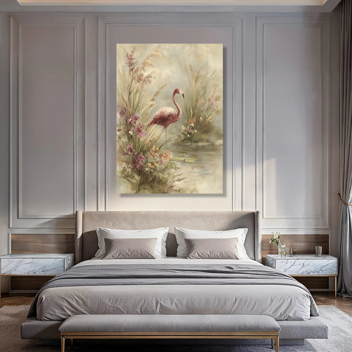 Elegant Flamingo Floral Wetlands Canvas, Nature Bird Wall Art, Serene Water Lily Scene, Botanical Home Decoration, Ready to Hang Print Art