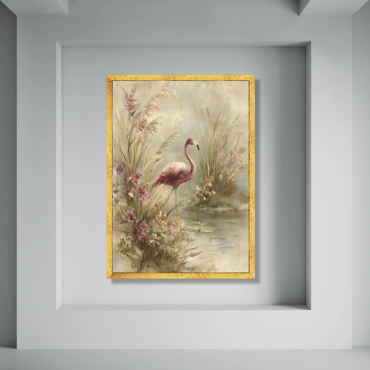 Elegant Flamingo Floral Wetlands Canvas, Nature Bird Wall Art, Serene Water Lily Scene, Botanical Home Decoration, Ready to Hang Print Art
