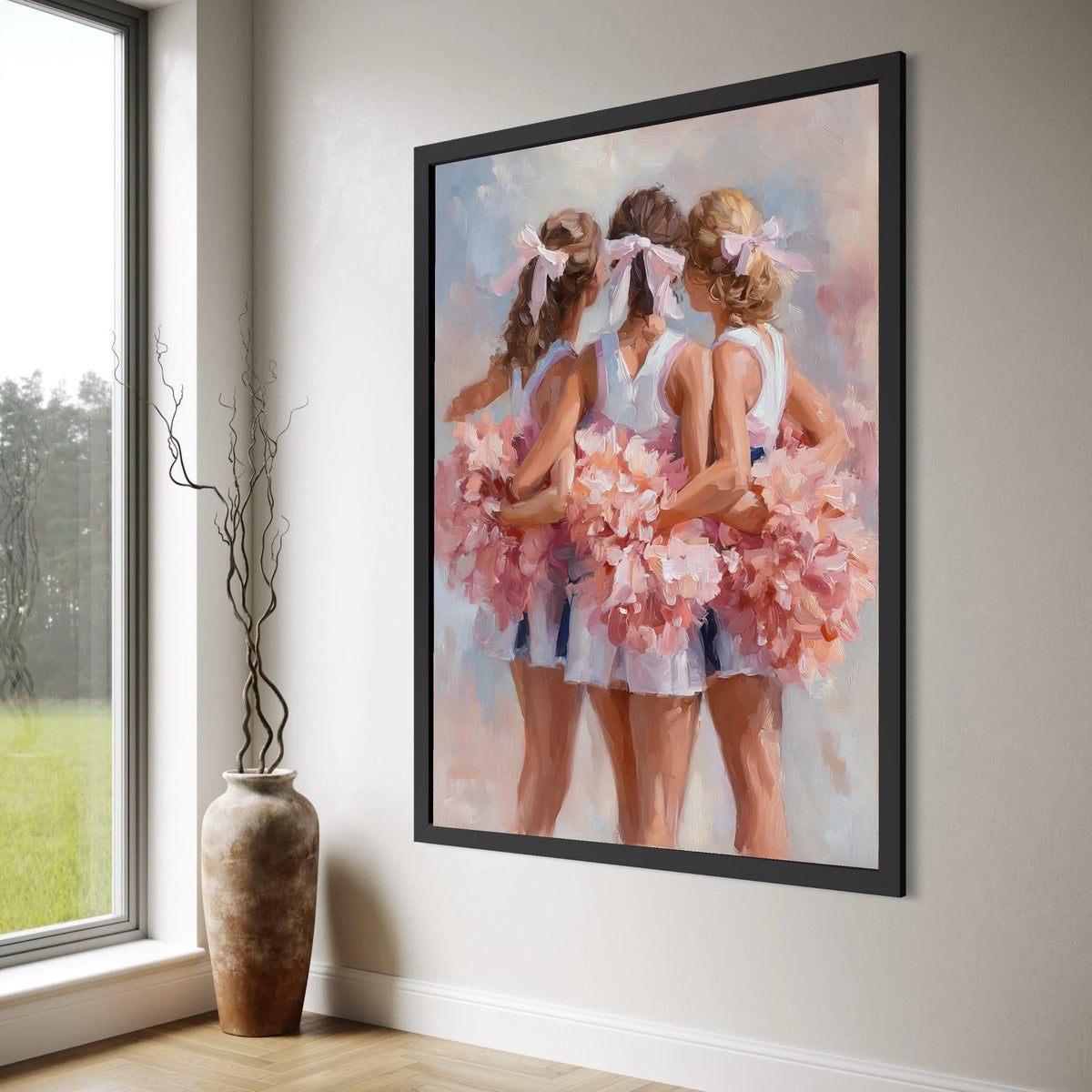 Cheerleaders Group Embrace Canvas, Soft Pink Pom Poms Wall Art, Dance Team Inspiration, Sports Cheer Canvas, Home Decoration Print Art