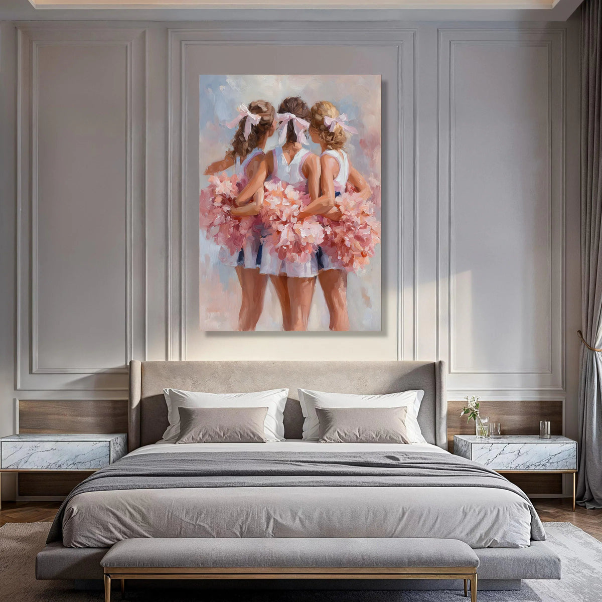Cheerleaders Group Embrace Canvas, Soft Pink Pom Poms Wall Art, Dance Team Inspiration, Sports Cheer Canvas, Home Decoration Print Art